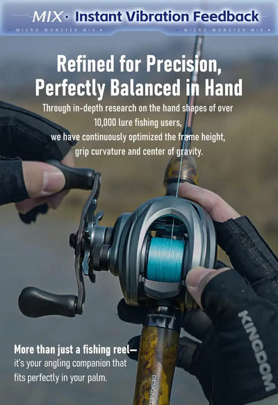 Baitcasting fishing reel with blue spool and ergonomic grip, close-up view