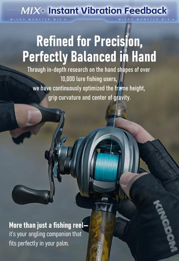 Baitcasting fishing reel with blue spool and ergonomic grip, close-up view