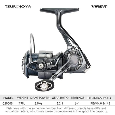 Tsurinoya VIRENT long-cast spinning reel, model C2000S, front view with silver spool