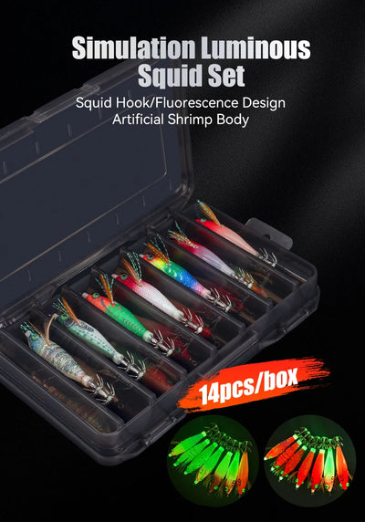 Luminous squid jig set in open plastic case with assorted colored lures