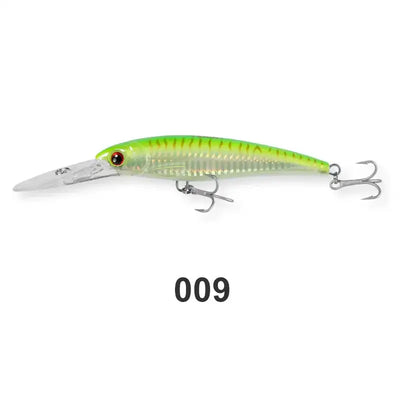 Saltwater trolling minnow wobbler in translucent green with neon stripes and two treble hooks