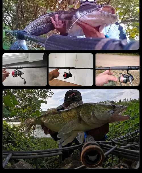 Spinning rod used for bass fishing, held while landing a large fish outdoors