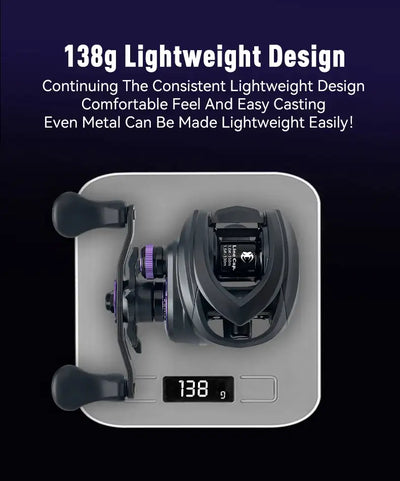 Black baitcasting fishing reel with purple accents, compact design, 138g weight close-up.