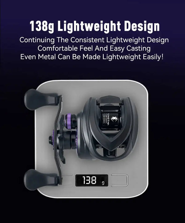 Black baitcasting fishing reel with purple accents, compact design, 138g weight close-up.