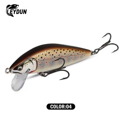 Leydun sinking minnow jerkbait fishing lure in brown and silver with red dot patterns and three black treble hooks
