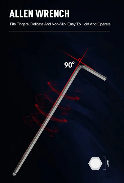 Allen wrench tool with long L-shape and hex end for 90-degree turning