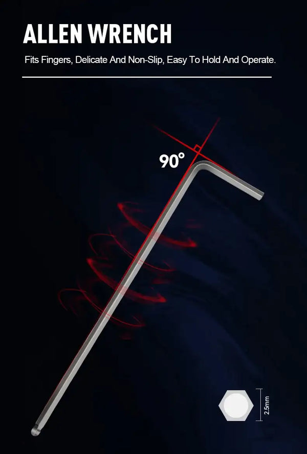 Allen wrench tool with long L-shape and hex end for 90-degree turning