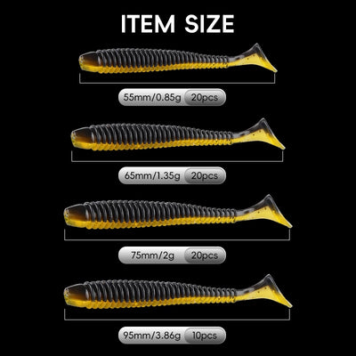 Four-size paddle-tail swimbaits in black-and-yellow tones, shown as different lengths