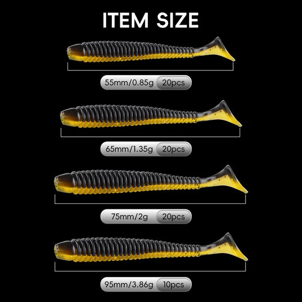 Four-size paddle-tail swimbaits in black-and-yellow tones, shown as different lengths