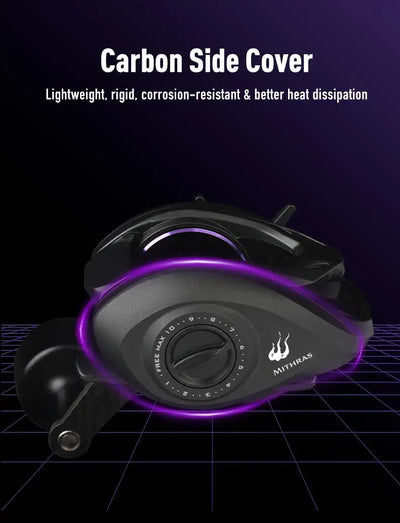 Black reel with carbon side cover, purple ring trim, and visible drag dial
