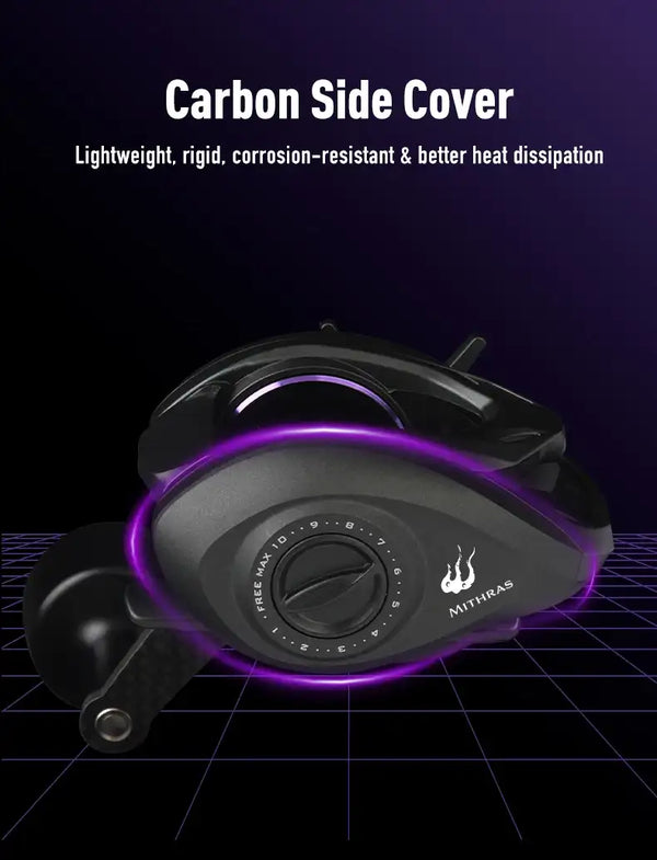 Black reel with carbon side cover, purple ring trim, and visible drag dial