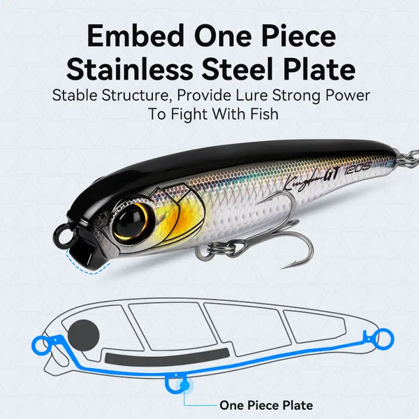 Pencil fishing lure side view with stainless steel plate underside shown