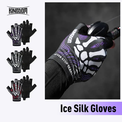 Fingerless ice silk fishing gloves, black with purple paw pattern, extended cuff.