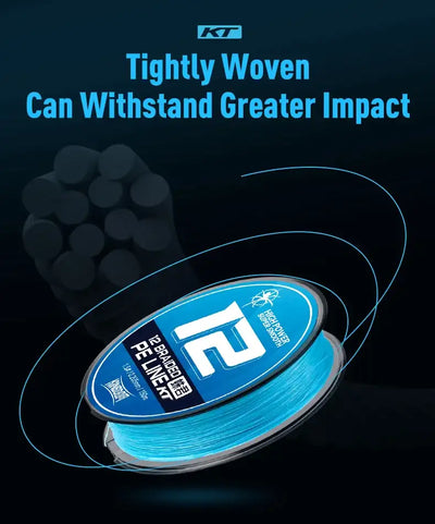 Blue braided PE fishing line spool with impact resistance visual graphic