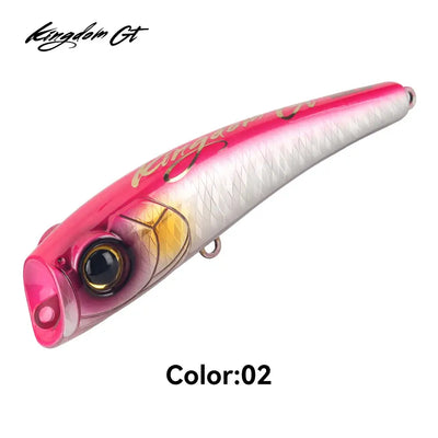 Kingdom GT popper lure, pink-and-white floating topwater with hook hangers