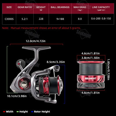 C3000S spinning reel dimensions and specs chart with red measurement bars