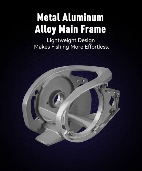 Silver baitcasting reel frame with circular cutouts and internal components visible