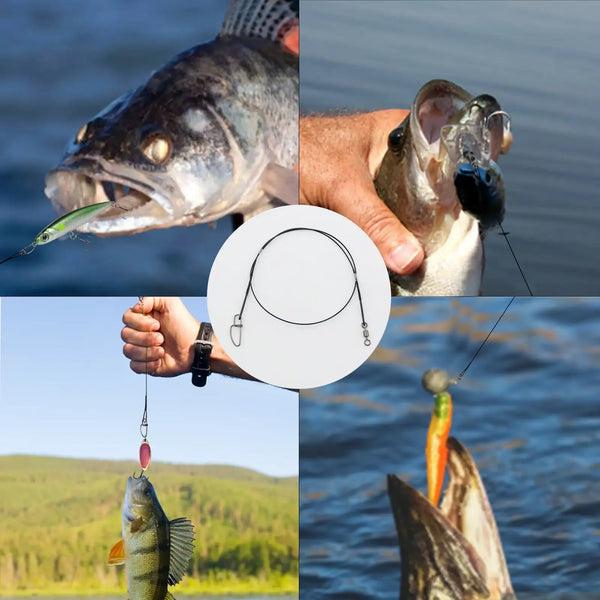 Fishing wire leader in use, with swivels and snaps connecting to a fishing line on catch