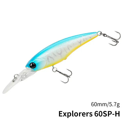 Tsurinoya EXPLORERS 60SP suspending minnow lure with treble hooks, light blue body.