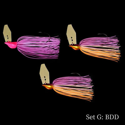 Tsurinoya bladed jig set with purple silicone skirt and orange trim, 3pcs