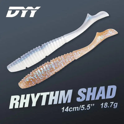 Set of two soft silicone swimbaits, one pearl white with blue tint, one peach glitter.
