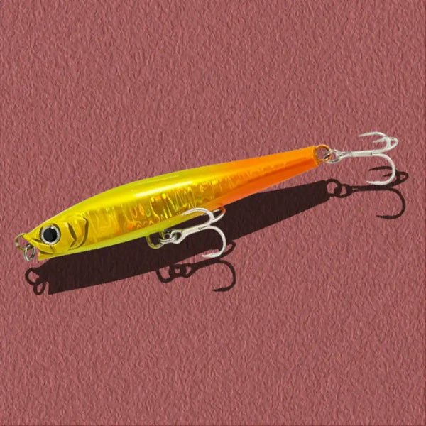 Bright orange lipless minnow fishing lure with silver treble hooks