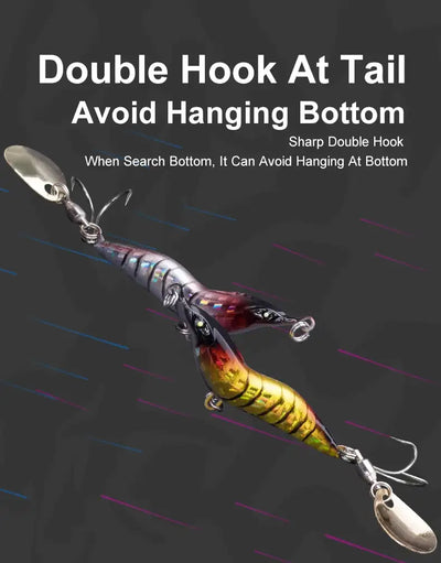 Artificial shrimp spinner lure with yellow body, silver spoon blade, tail treble hooks.