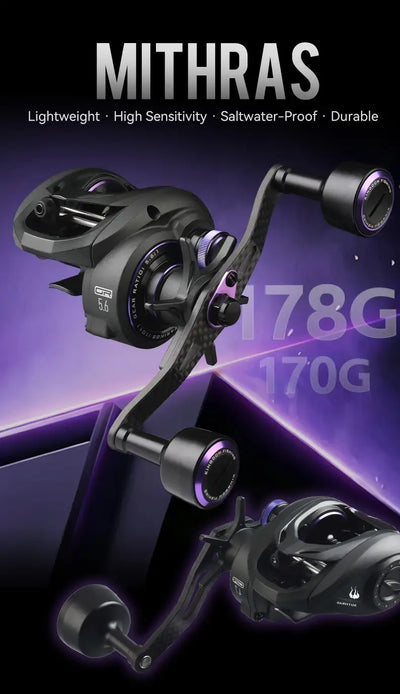Black baitcasting fishing reel with dual handles and purple accents, angled side view.