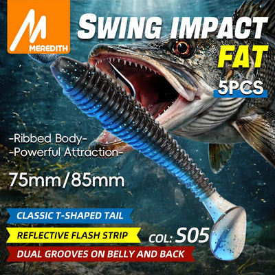 Meredith paddle tail soft plastic 5-pack, deep blue ribbed body, speckled paddle tail, hooked.