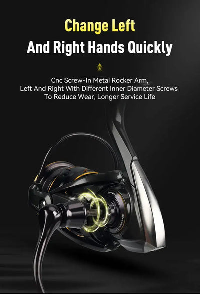 Spinning reel angled view with reversible left-right installation on black frame