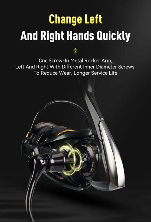 Spinning reel angled view with reversible left-right installation on black frame