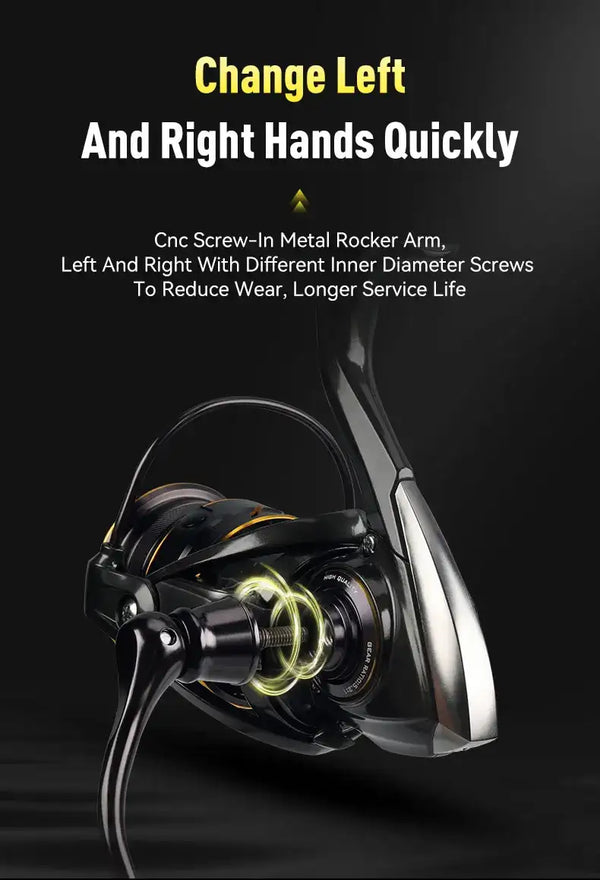 Black fishing spinning reel with arched handle and gold inner spool accents