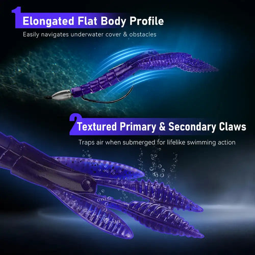 Purple PVC sinking soft crawfish lure, elongated flat body with segmented claws