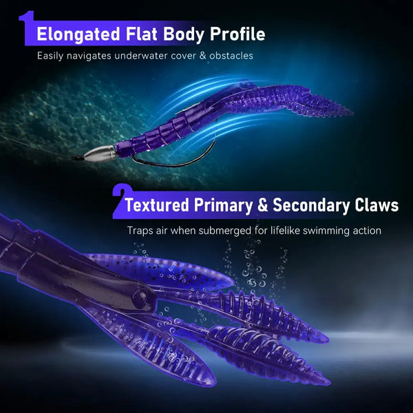 Purple PVC sinking soft crawfish lure, elongated flat body with segmented claws