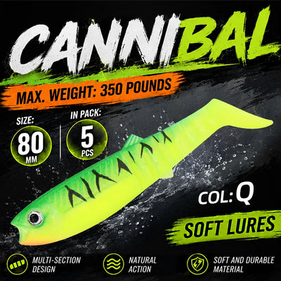 Chartreuse paddle tail swimbait with black stripe pattern and round eye.
