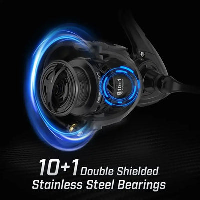 Spinning reel front with blue-lit bearing ring, mechanical close-up