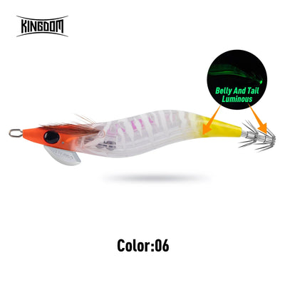 Kingdom Far squid jig lure, pink body with orange head and luminous yellow tail