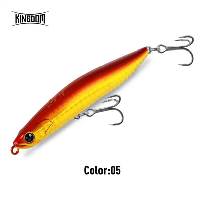 Fishing lure with red-to-yellow gradient body and two treble hooks