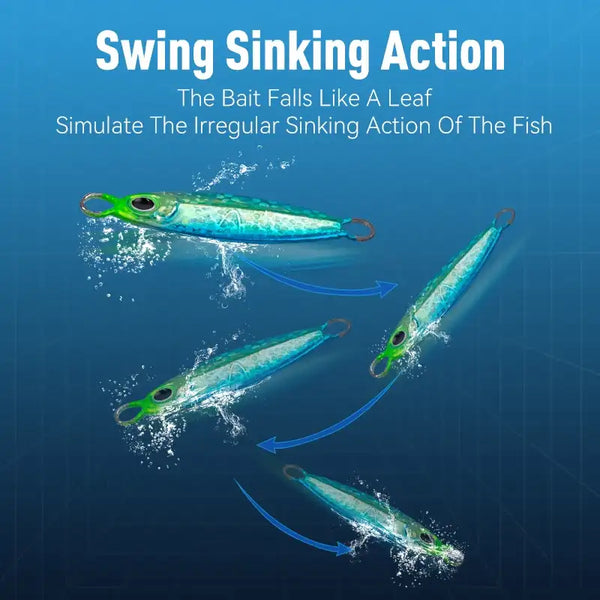 Micro metal jig fishing lures with green eyes, blue bodies and single hooks