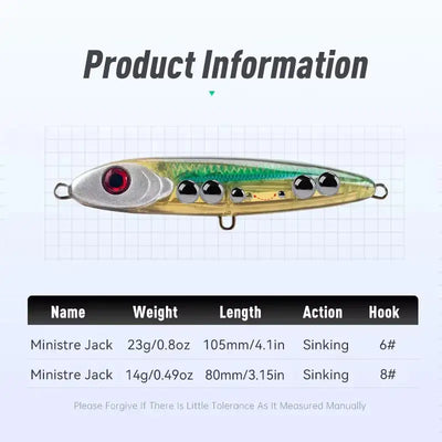 Leydun Ministre Jack sinking pencil lure 80mm 14g metallic green gold body red eye with black spherical accents