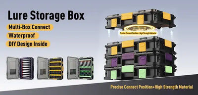 Lure storage box with multi-compartment inserts, black case with yellow latches