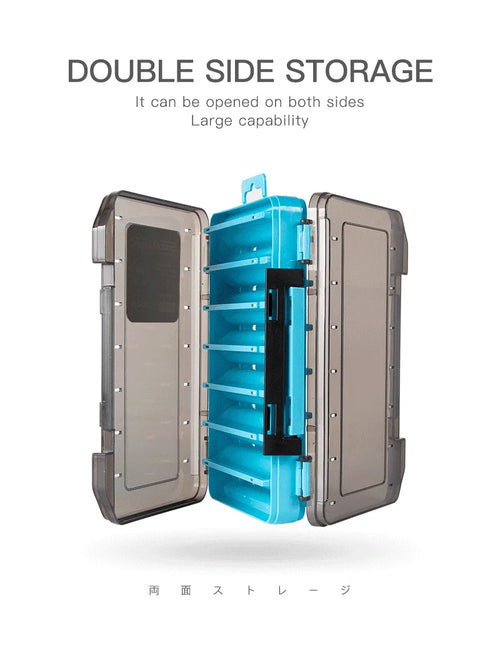 Double-sided tackle box with blue insert compartment and gray outer covers