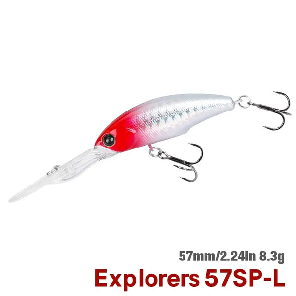 EXPLORERS suspending minnow lure, 57mm; red head with silver body and treble hooks