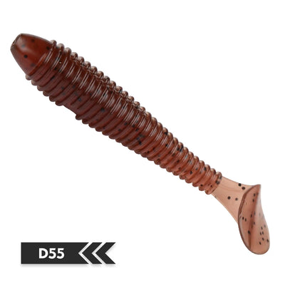 Soft silicone fishing lure, reddish brown with black speckles, T-tail, D55 color