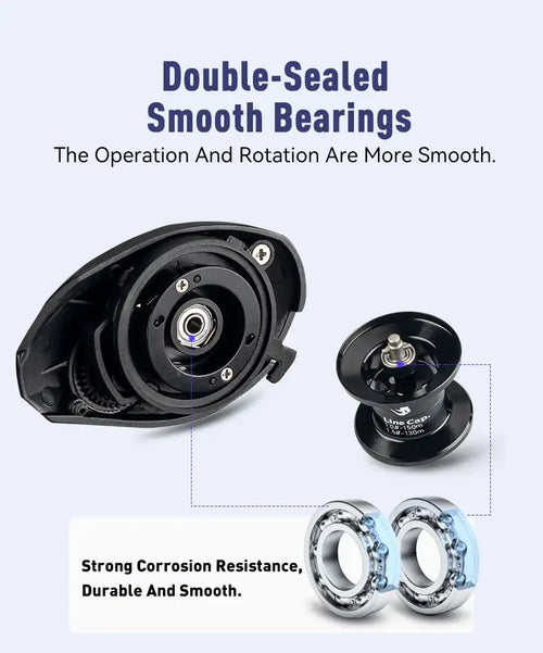 Black baitcasting reel cutaway showing smooth bearings with metal ring inserts