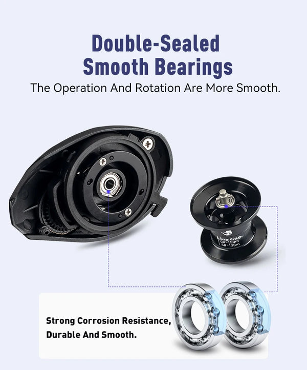 Black baitcasting reel cutaway showing smooth bearings with metal ring inserts