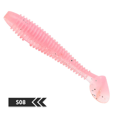 Pink translucent soft fishing lure with paddle tail, code S08