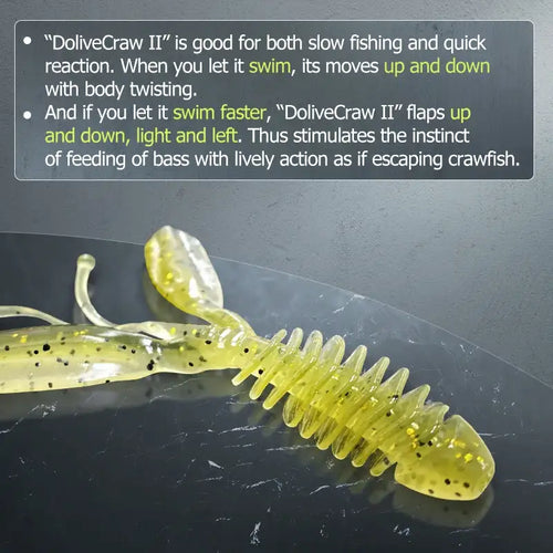 Green-yellow speckled silicone worm jigging lure with curved tail