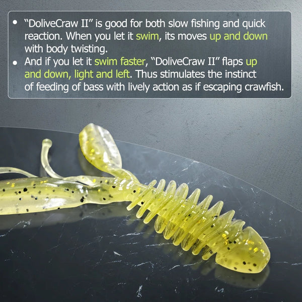 Green-yellow speckled silicone worm jigging lure with curved tail