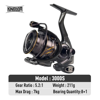 Black spinning reel with gold accents, front drag knob, curved handle and bail (Model 3000S)